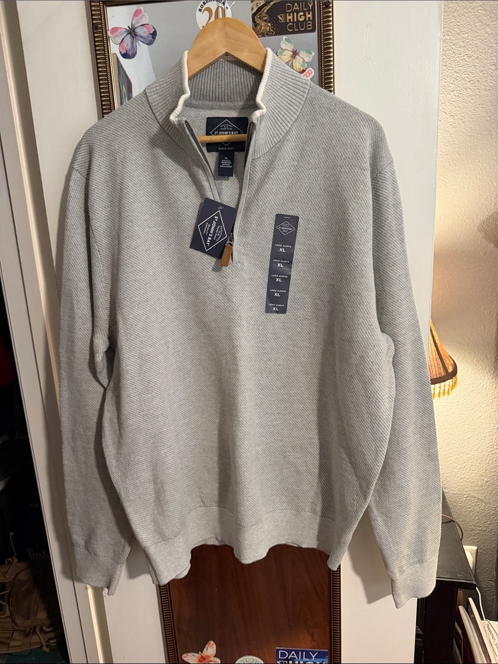 St. John's Bay Light Gray Quarter-Zip Sweater with Contrast Trim